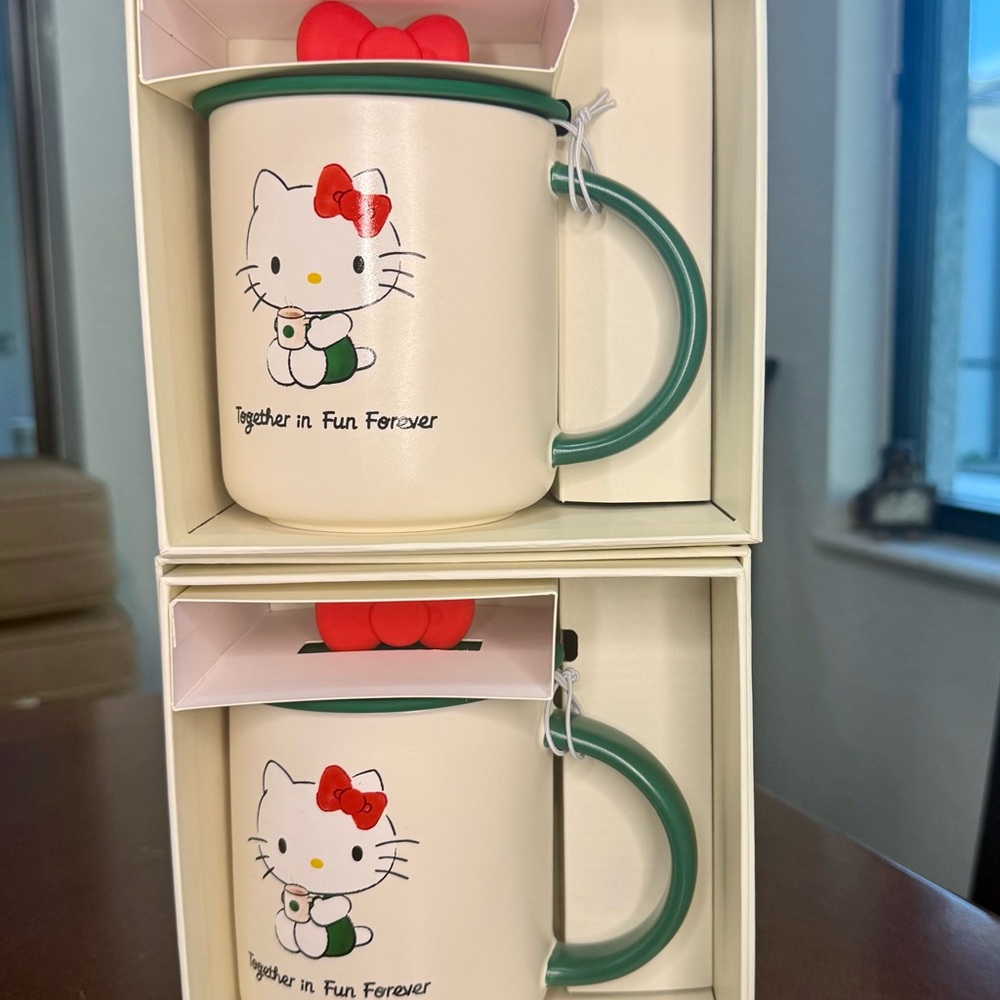Hello Kitty Ceramic Mug with Green Handle and Green Top with Red Bow